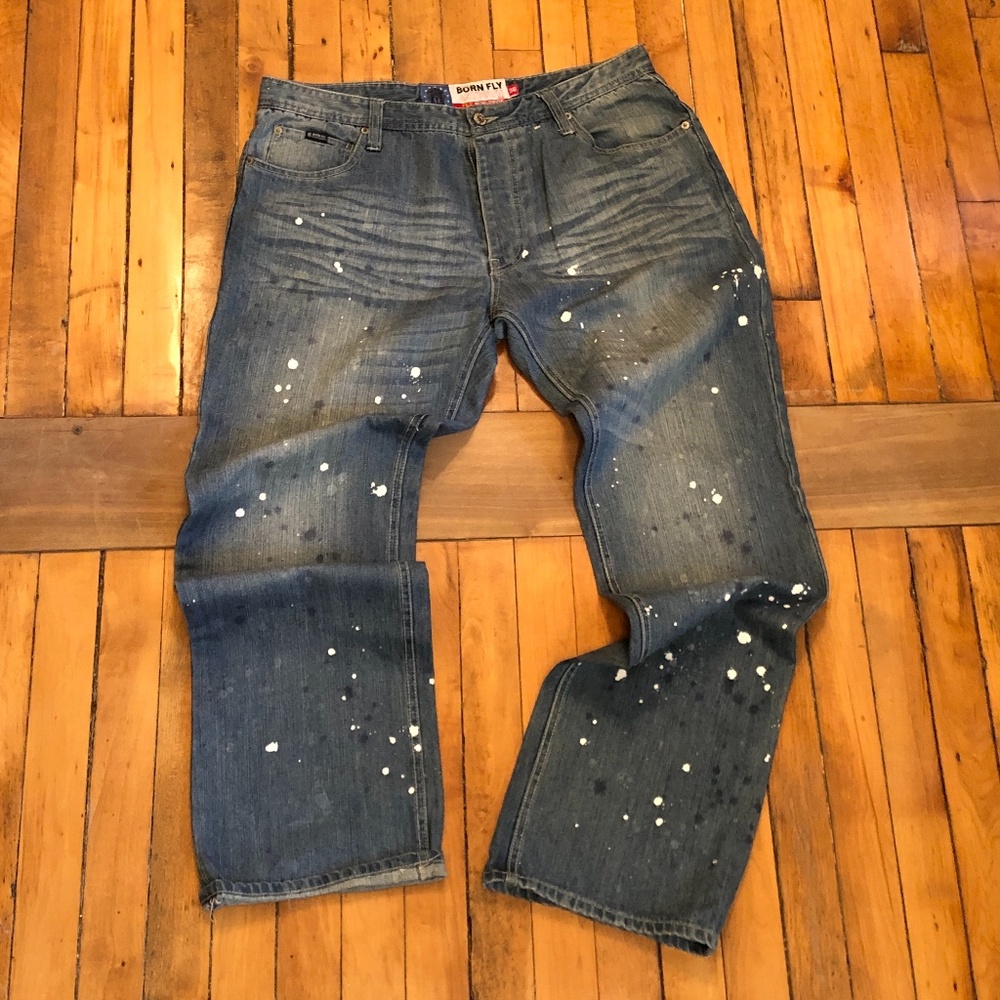 Born Fly, paint splatter blue Men's Jean size 36